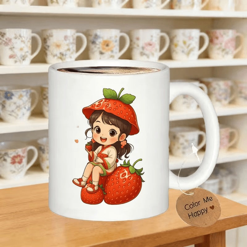 Tailorly White Ceramic 11 oz Mug - Adorable Chibi Character Wearing Fruit Hat Sitting Upon A Large Ripened Strawberry Girl