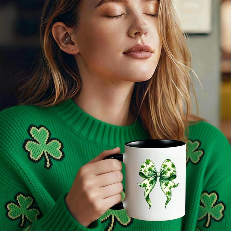 Tailorly Black Accent 11 oz Mug - shamrock bow pattern