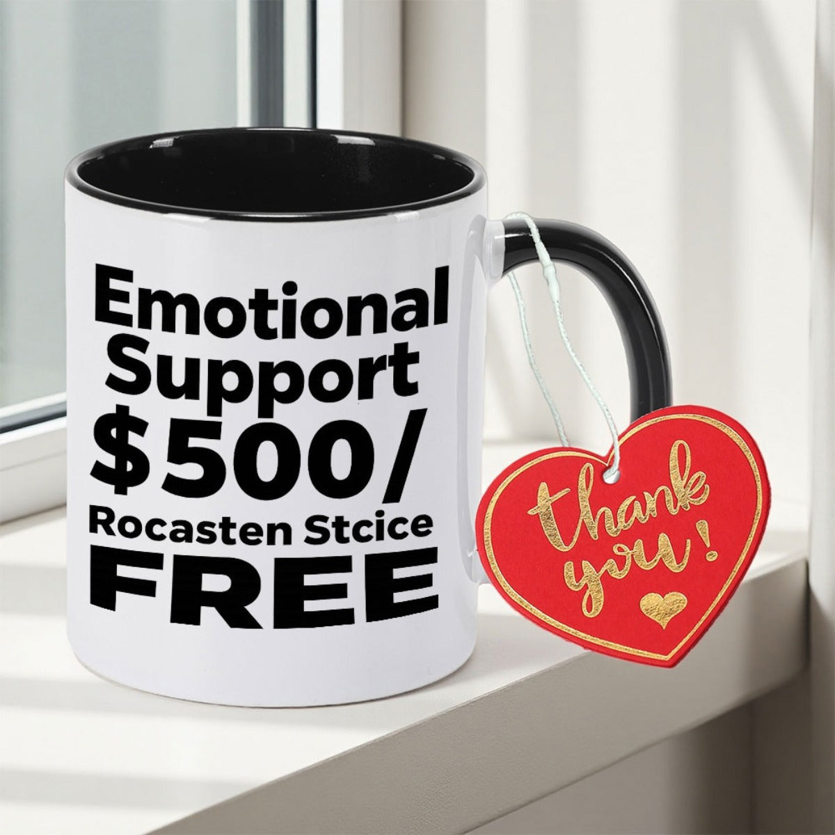 Tailorly Black Accent 11 oz Mug - Funny Emotional Support text and $500 Rocasten Scitce text