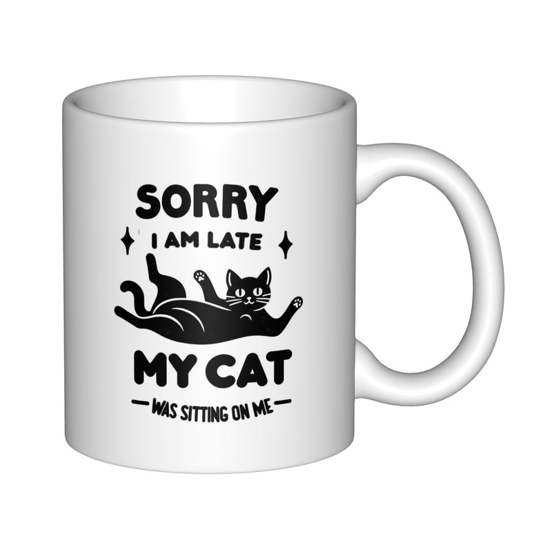 Tailorly White Ceramic 11 oz Mug - Sorry I Am Late My Cat Was Sitting On Me Playful Black Feline Resting Comfortably Among Little Stars Cat
