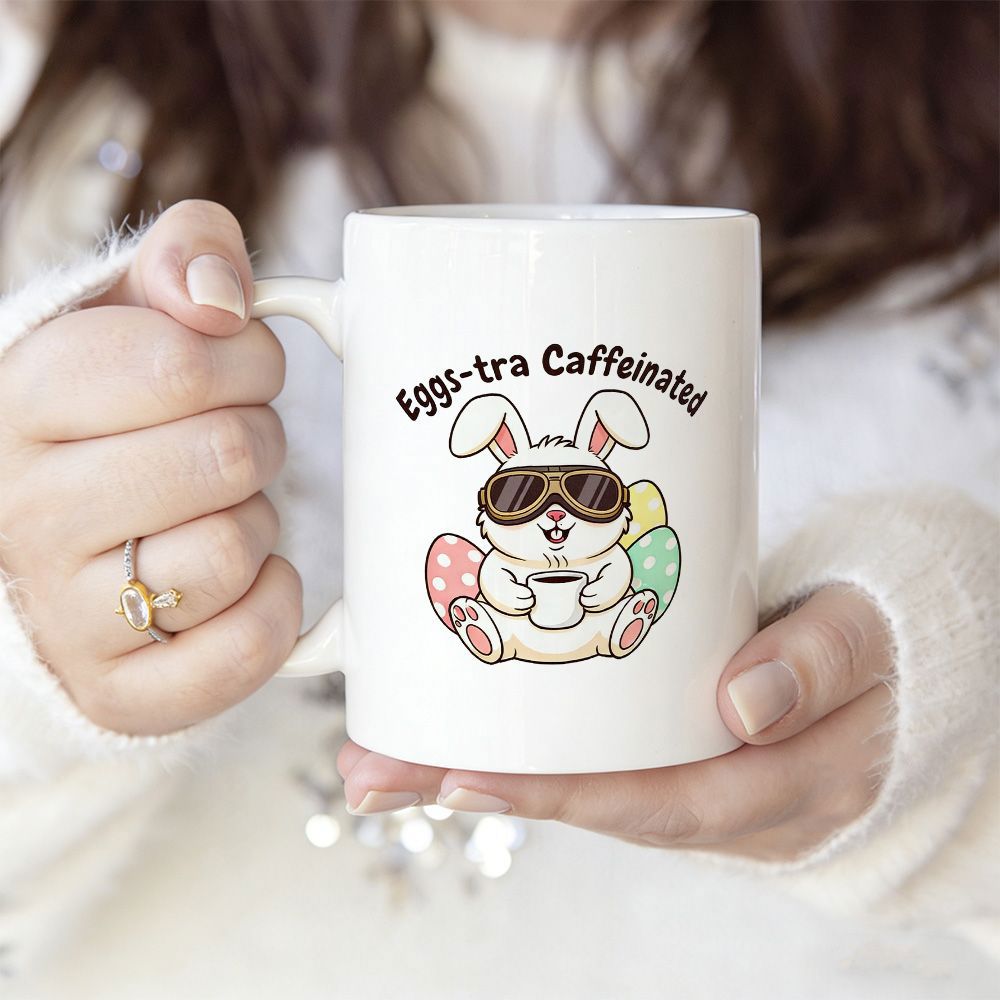 Tailorly White Ceramic 11 oz Mug - Eggi-tra Caffeinated Cute Cartoon Bunny With Aviator Goggles Sitting Among Colorful Decorated Eggs Rabbit