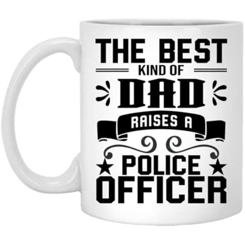 Tailorly White Ceramic 11 oz Mug - The Best Kind Of Dad Raises A Police Officer Decorative Banner With Stars And Elegant Swirls On