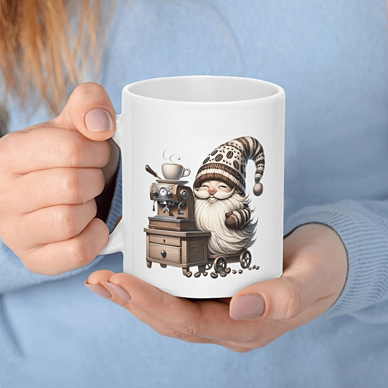Tailorly White Ceramic 11 oz Mug - Whimsical Barista Character Beside Antique Style Espresso Machine On Cart Gnome