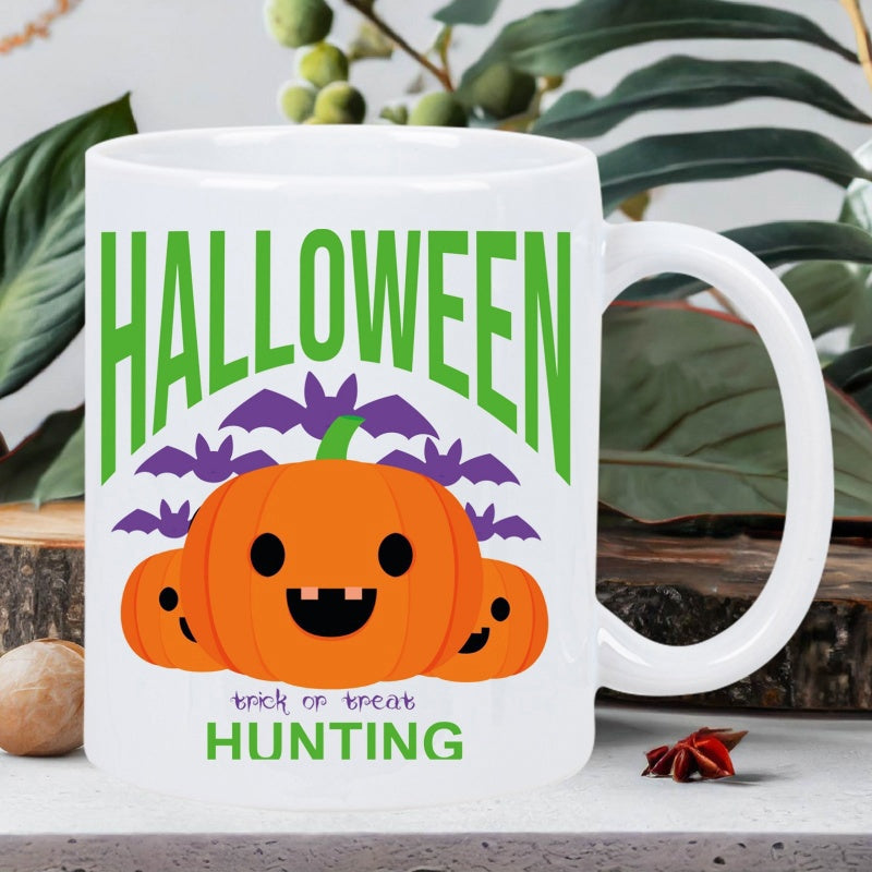 Tailorly White Ceramic 11 oz Mug - Halloween Trick Or Treat Hunting Happy Smiling Pumpkins Under Flying Purple Bats Featured Pumpkin