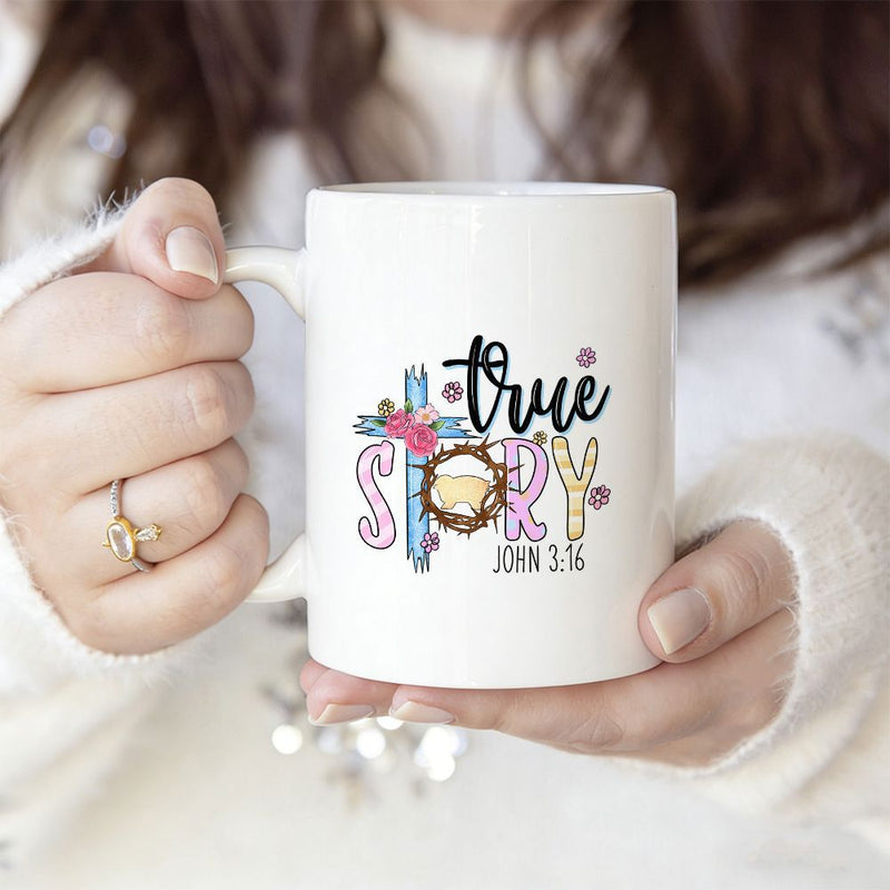 Tailorly White Ceramic 11 oz Mug - True Story John 3 16 Religious Floral Cross With Manger Nest Design Cross