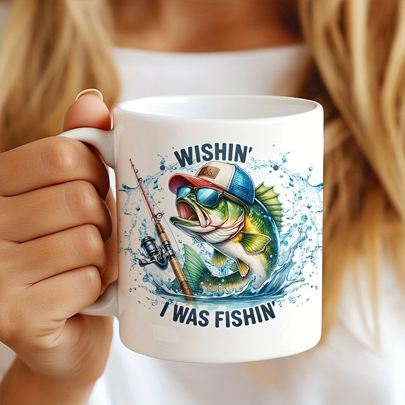 Tailorly White Ceramic 11 oz Mug - Wishin I Was Fishin Vibrant Jumping Bass Wearing Hat And Sunglasses Emerging From Water Fish