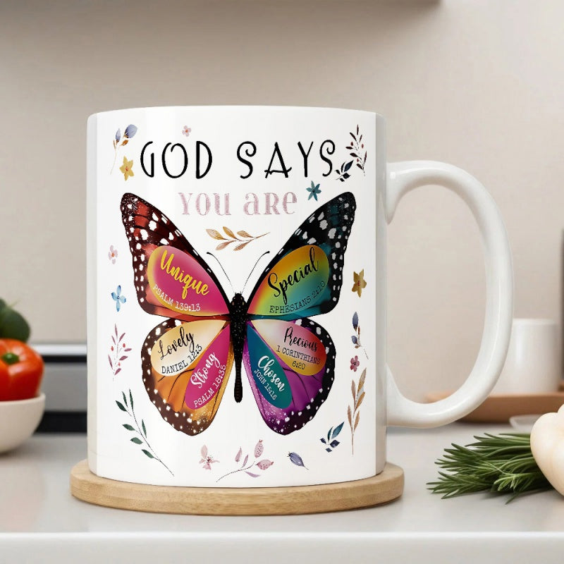 Tailorly White Ceramic 11 oz Mug - God Says You Are Vibrant Wings With Floral Accents And Rainbow Patterned Details Butterfly