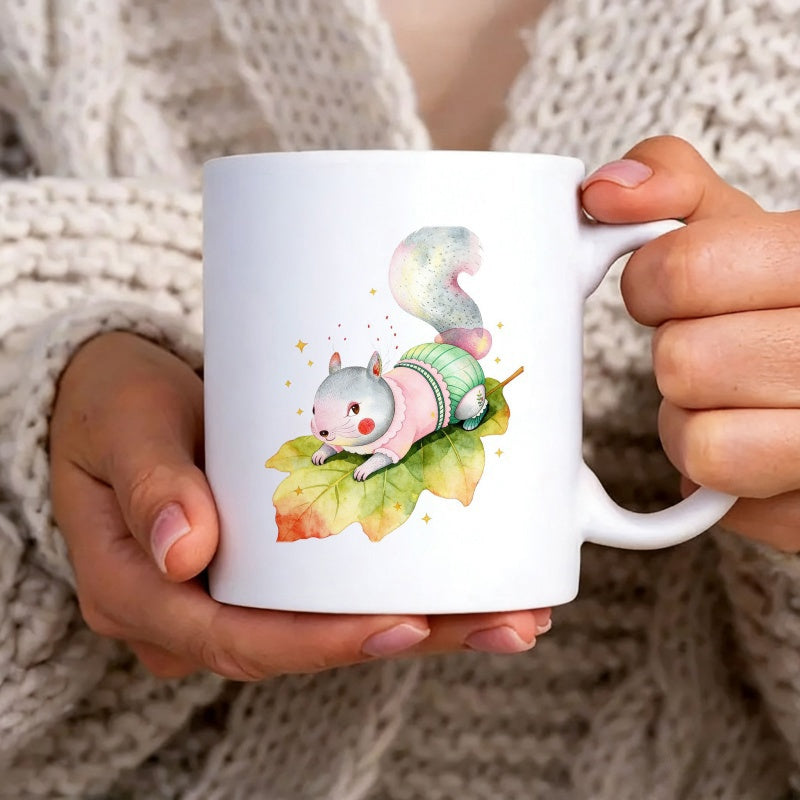 Tailorly White Ceramic 11 oz Mug - Watercolor Tiny Squirrel Wearing Sweater Resting On A Colorful Autumn Leaf Squirrel
