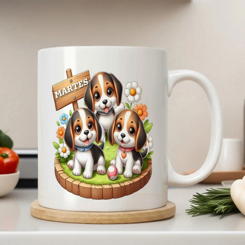 Tailorly White Ceramic 11 oz Mug - Three Adorable Cartoon Puppies Sitting Among Colorful Spring Garden Flowers Beagle