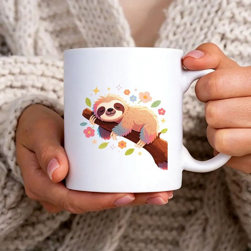 Tailorly White Ceramic 11 oz Mug - Adorable Pastel Rainbow Cartoon Character Resting Upon A Tree Branch Sloth
