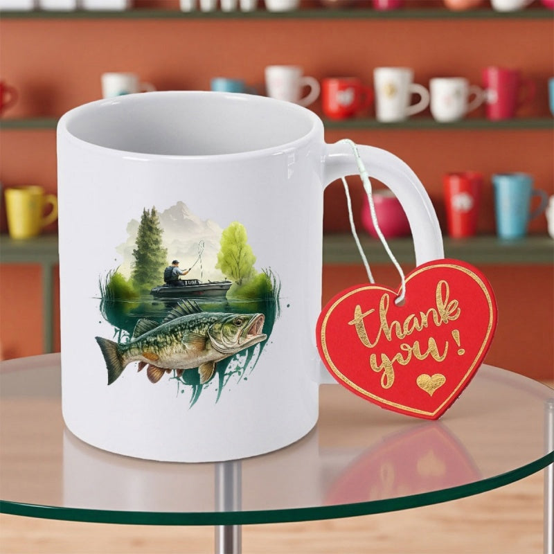 Tailorly White Ceramic 11 oz Mug - Serene Outdoor Landscape Of Fisherman Catching A Large Jumping Bass