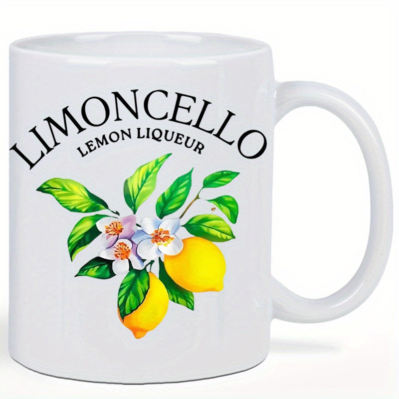 Tailorly White Ceramic 11 oz Mug - Limoncello Lemon Liqueur Vibrant Yellow Fruit With Green Leaves And Delicate White Blossoms Lemon