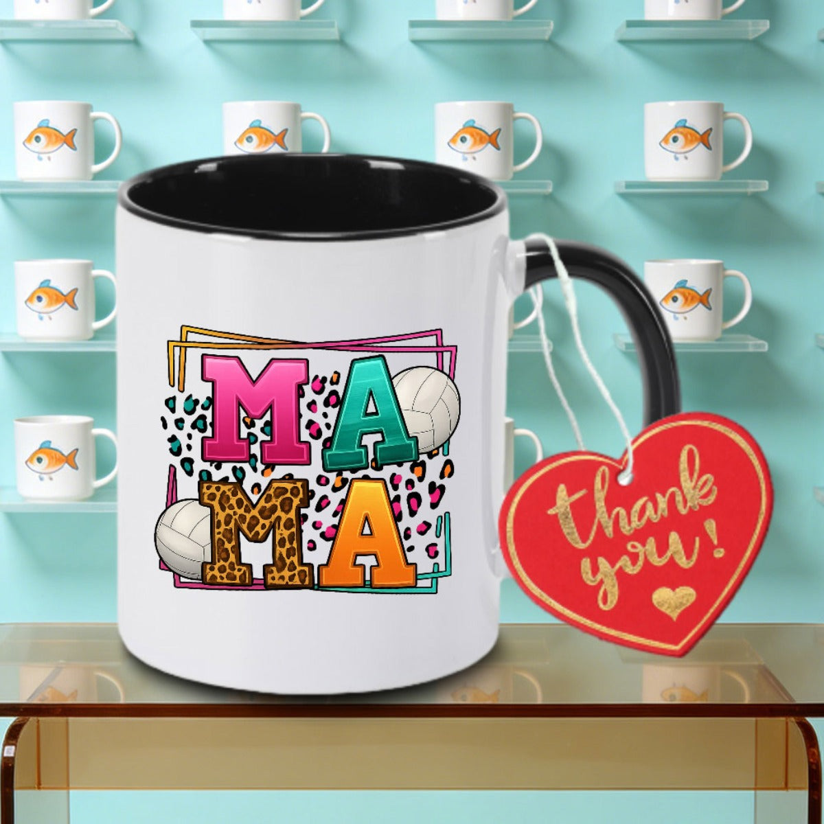 Tailorly Black Accent 11 oz Mug - Mama leopard print with volleyball and heart designs