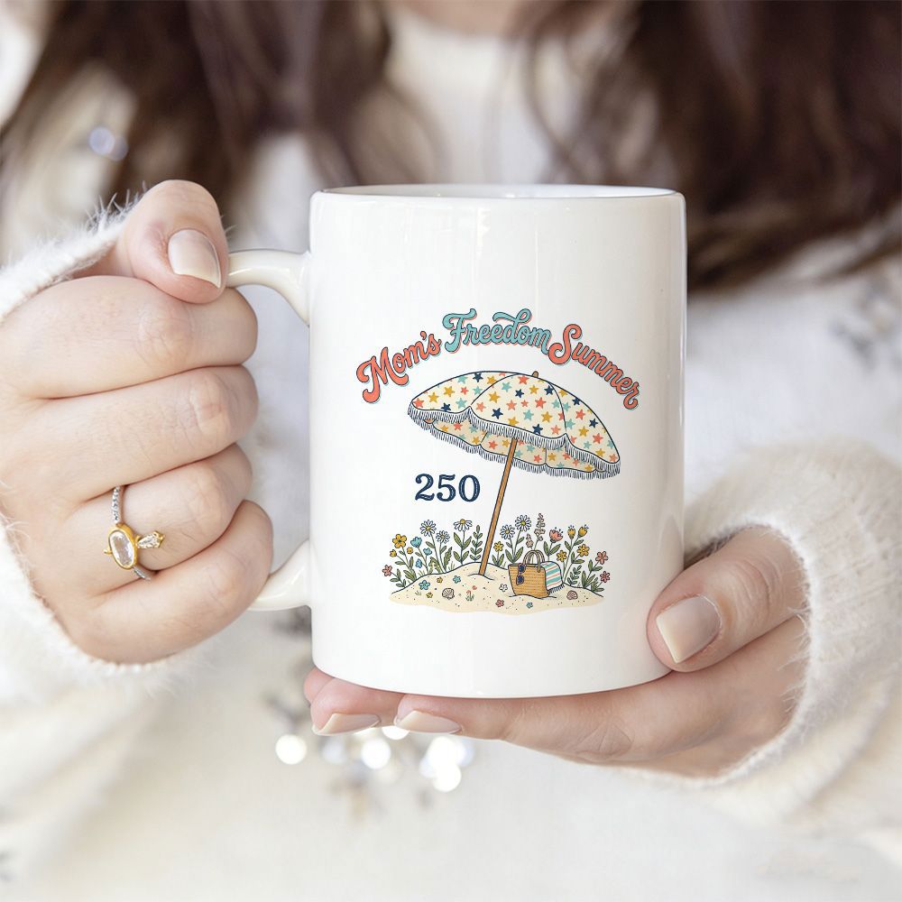 Tailorly White Ceramic 11 oz Mug - Moms Favorite Season 250 Vintage Floral Patterned Parasol Standing Among Blooming Garden Flowers And Sand Umbrella