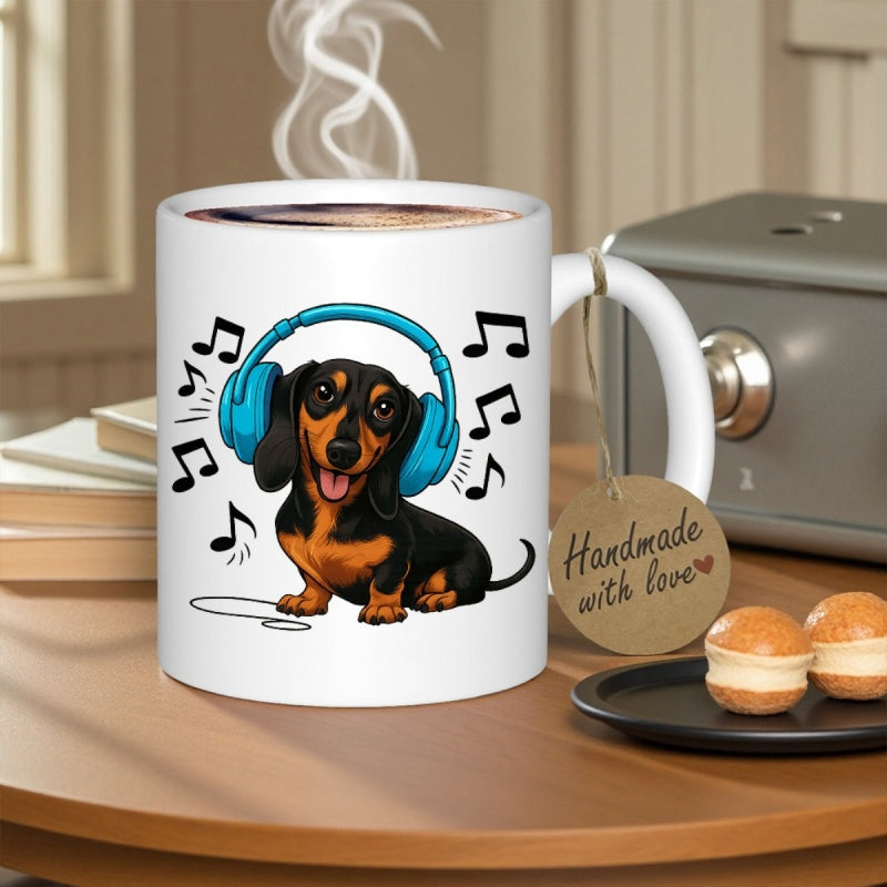 Tailorly White Ceramic 11 oz Mug - Adorable Cartoon Puppy Wearing Bright Blue Headphones Listening To Music Dachshund