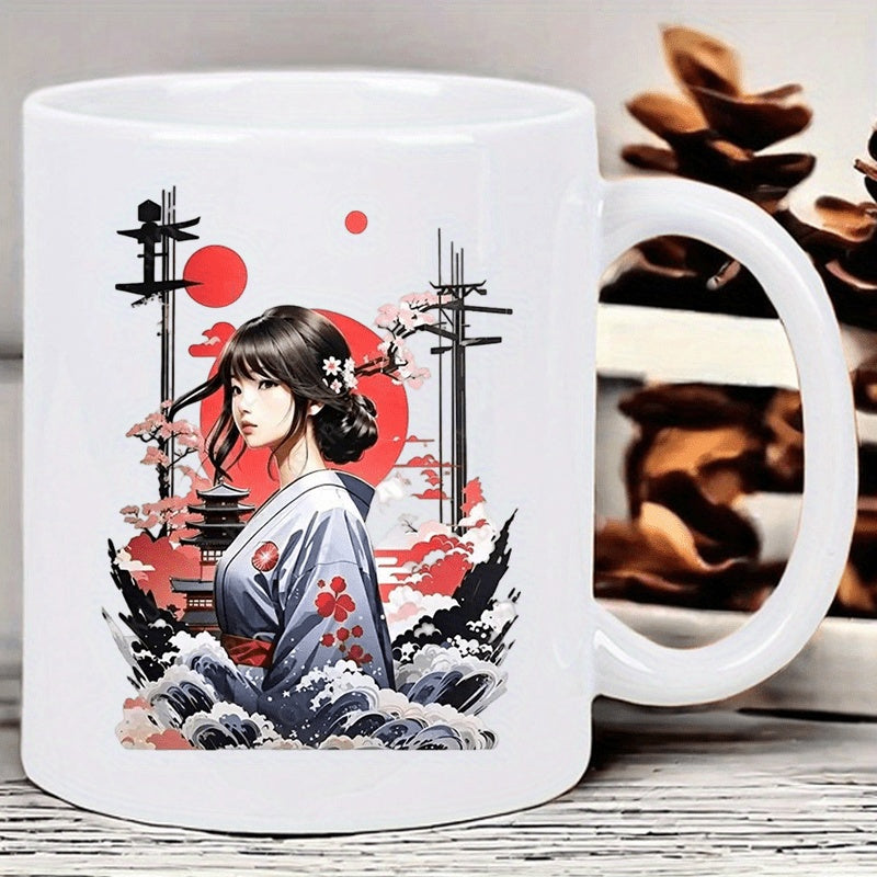 Tailorly White Ceramic 11 oz Mug - Traditional Japanese Lady Wearing Floral Kimono Standing In Front Of Red Sun Geisha