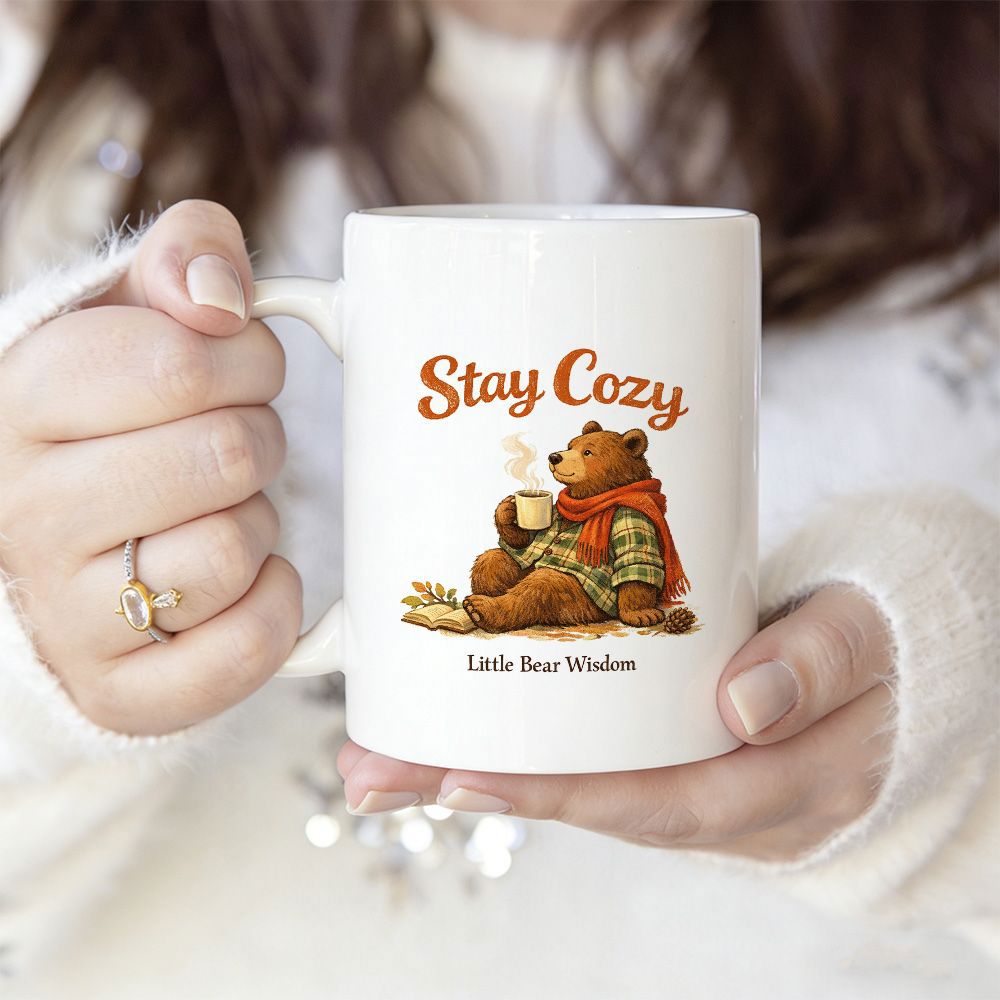 Tailorly White Ceramic 11 oz Mug - Stay Cozy Little Bear Wisdom Adorable Brown Wearing Red Scarf Holding Steaming Hot Cup Bear