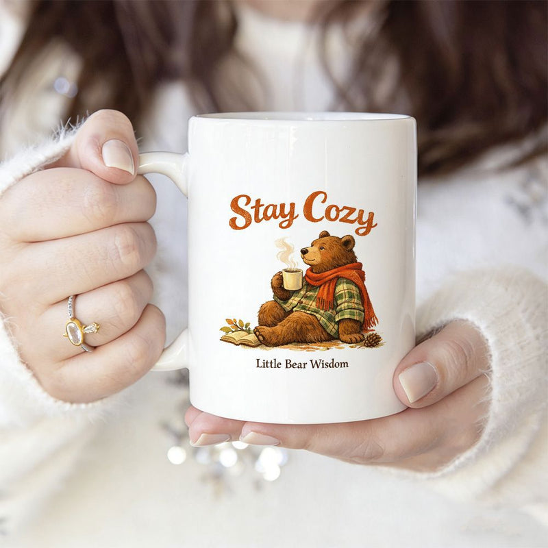 Tailorly White Ceramic 11 oz Mug - Stay Cozy Little Bear Wisdom Adorable Brown Wearing Red Scarf Holding Steaming Hot Cup Bear