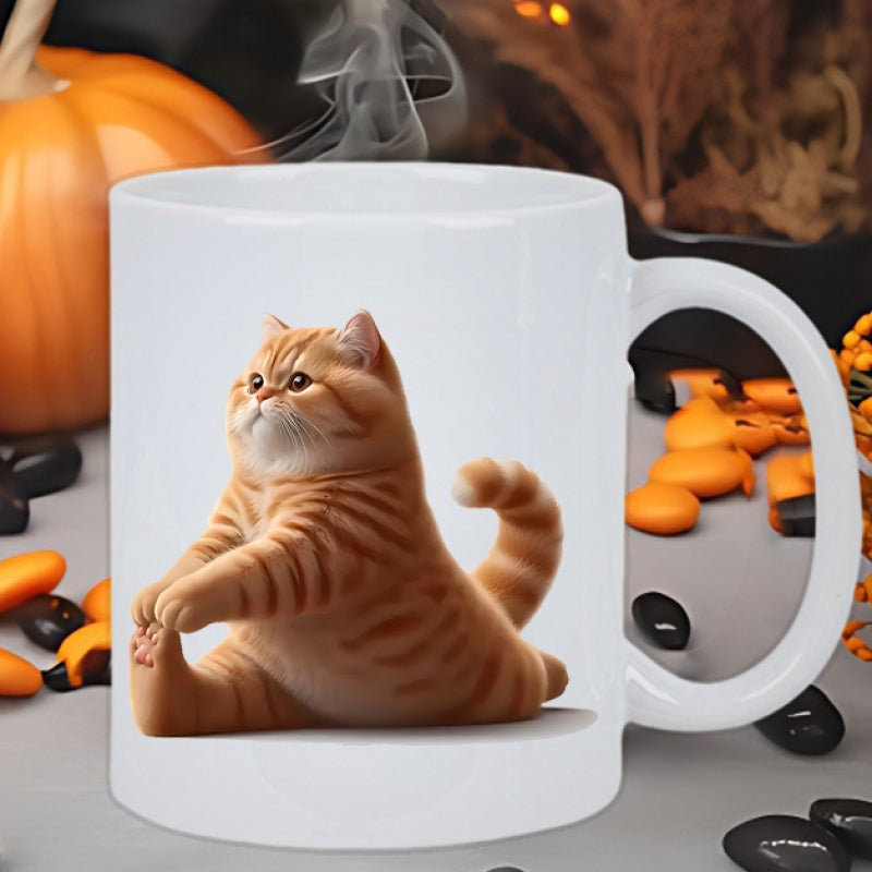 Tailorly White Ceramic 11 oz Mug - Chubby Ginger Tabby Feline Performing A Flexible Morning Yoga Stretch Cat