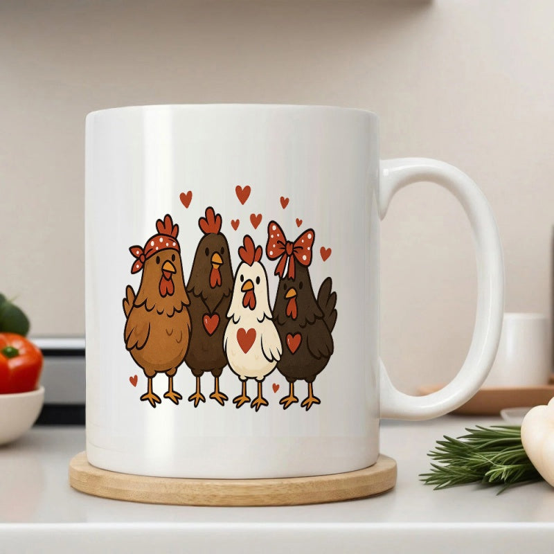 Tailorly White Ceramic 11 oz Mug - Four Adorable Cartoon Hens Wearing Pretty Accessories Surrounded By Floating Hearts Chicken