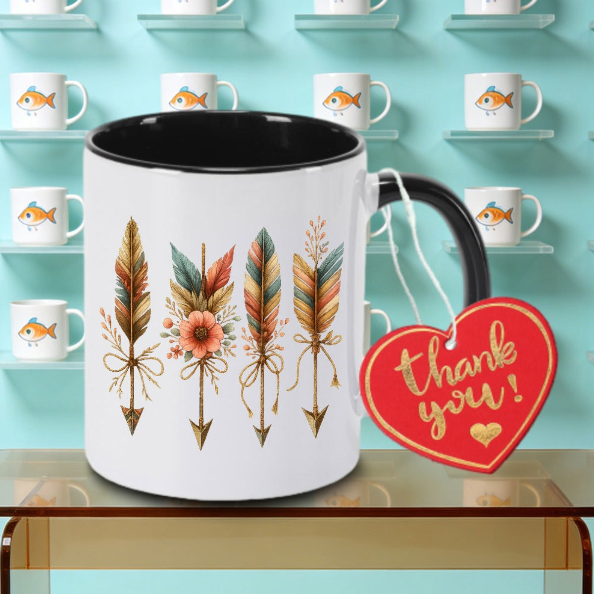 Tailorly Black Accent 11 oz Mug - Feather in Brown Teal Red Black Beige White