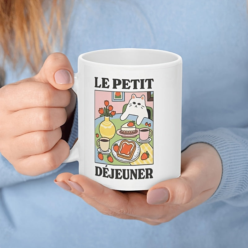 Tailorly White Ceramic 11 oz Mug - Whimsical Illustration Of White Cat Having Gourmet Morning Meal Cat