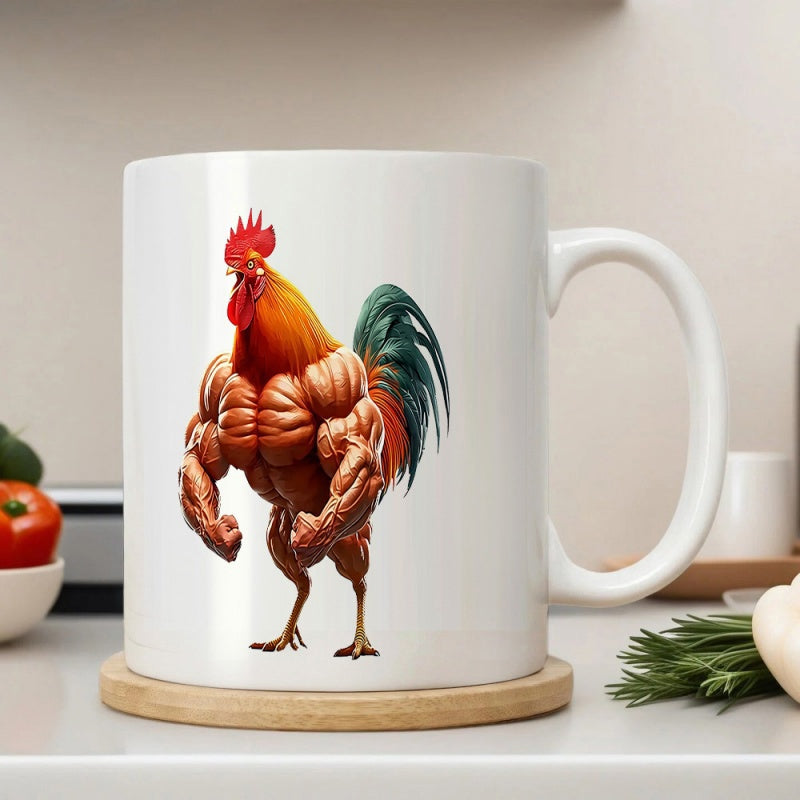 Tailorly White Ceramic 11 oz Mug - Strong Muscular Body With Detailed Feathers And Bright Red Comb Rooster