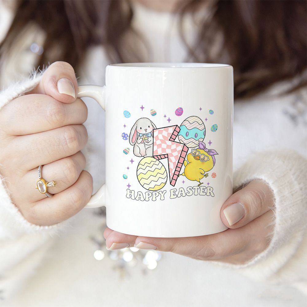 Tailorly White Ceramic 11 oz Mug - Happy Easter Adorable Chick And Patterned Eggs With A Retro Lightning Bolt Bunny
