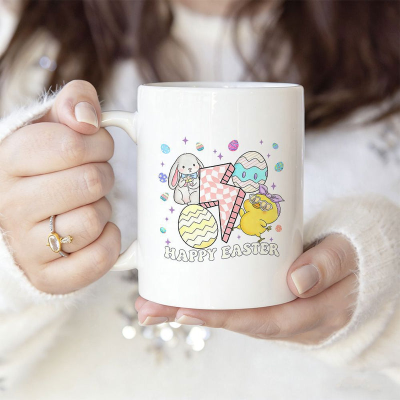 Tailorly White Ceramic 11 oz Mug - Happy Easter Adorable Chick And Patterned Eggs With A Retro Lightning Bolt Bunny