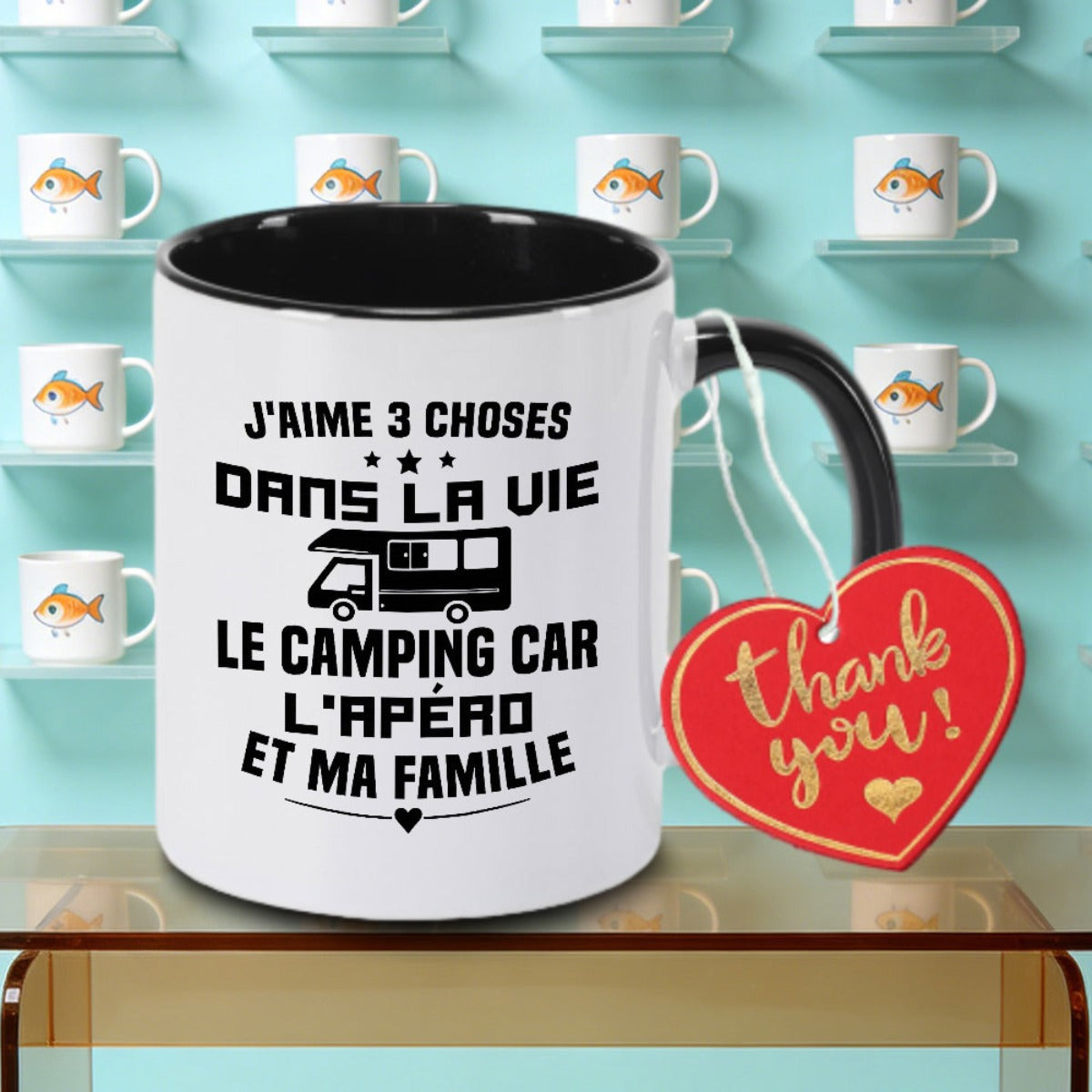 Tailorly Black Accent 11 oz Mug - French camping text and camping-themed graphics