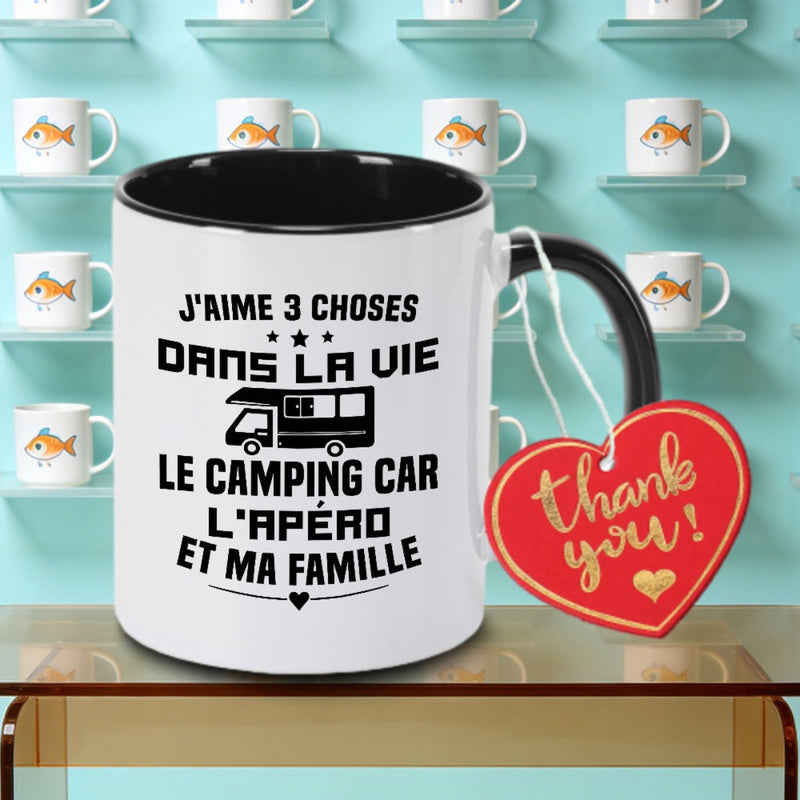 Tailorly Black Accent 11 oz Mug - French camping text and camping-themed graphics
