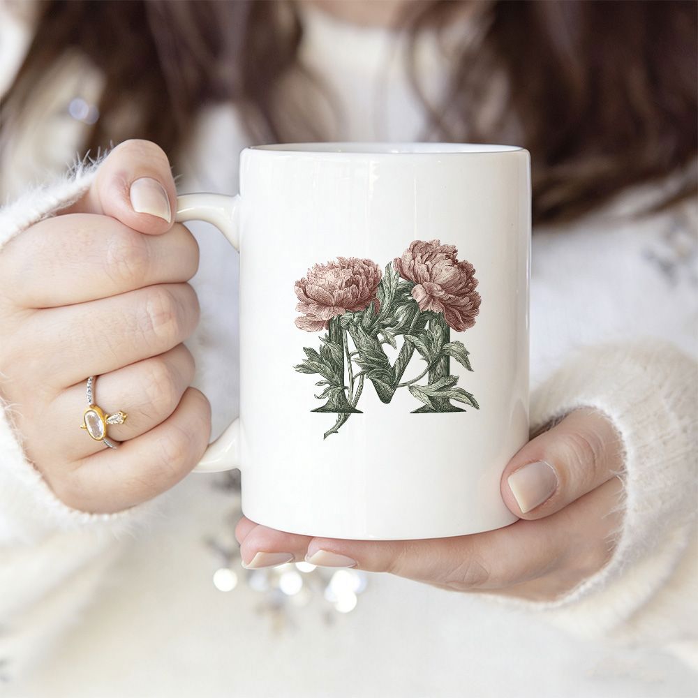 Tailorly White Ceramic 11 oz Mug - M Elegant Pink Peonies Intertwined With Green Leaves In Vintage Style Letter