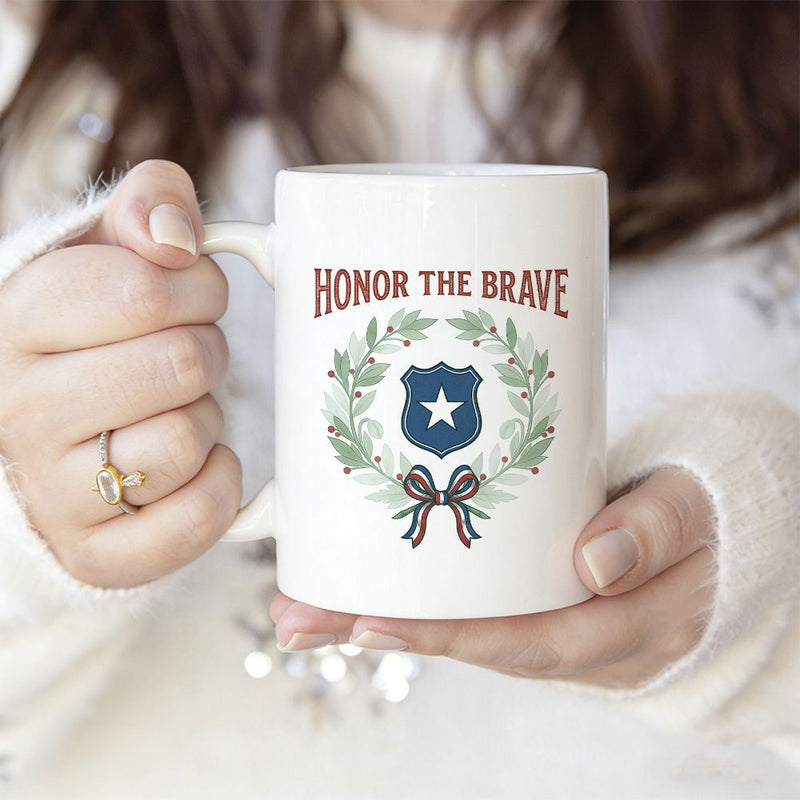 Tailorly White Ceramic 11 oz Mug - Honor The Brave Classic Laurel Wreath Surrounding A Star Shield With A Ribbon Shield
