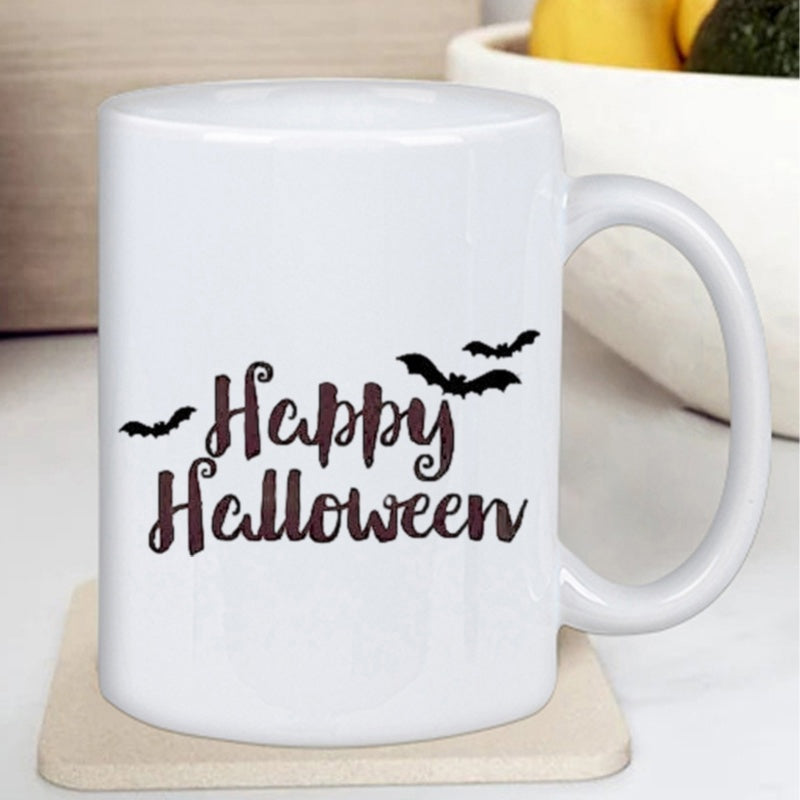 Tailorly White Ceramic 11 oz Mug - Happy Halloween Flying Spooky Night Bats Circling Around A Decorative Festive Script Mug