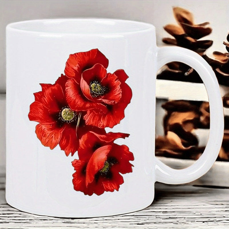 Tailorly White Ceramic 11 oz Mug - Vibrant Red Blooming Poppies Petals With Delicate Green Centers Floral Flower