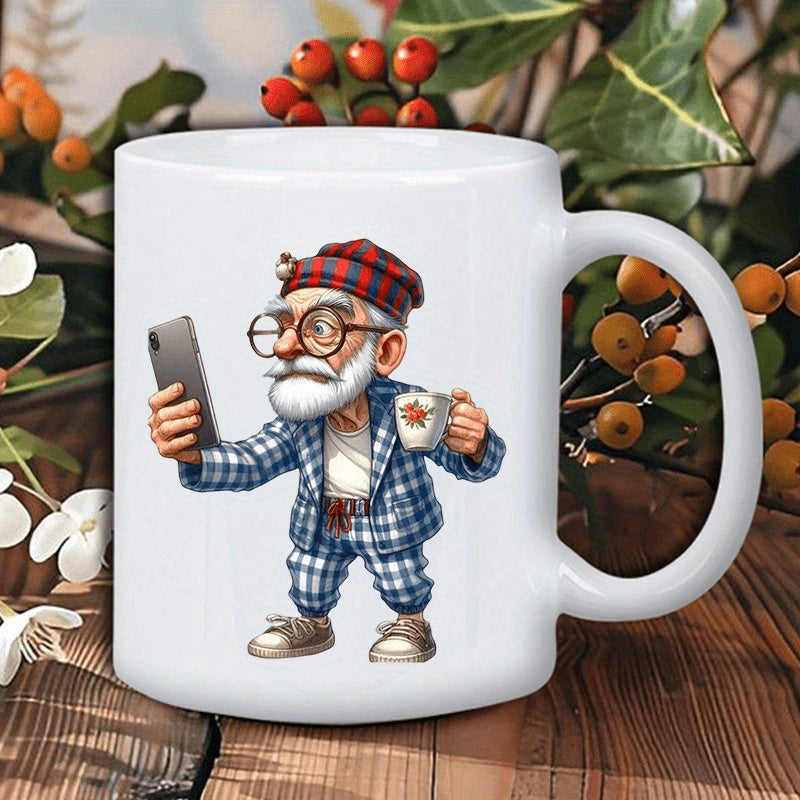 Tailorly White Ceramic 11 oz Mug - Cartoonish Elderly Man Wearing Blue Plaid Suit Holding A Modern Smartphone Character