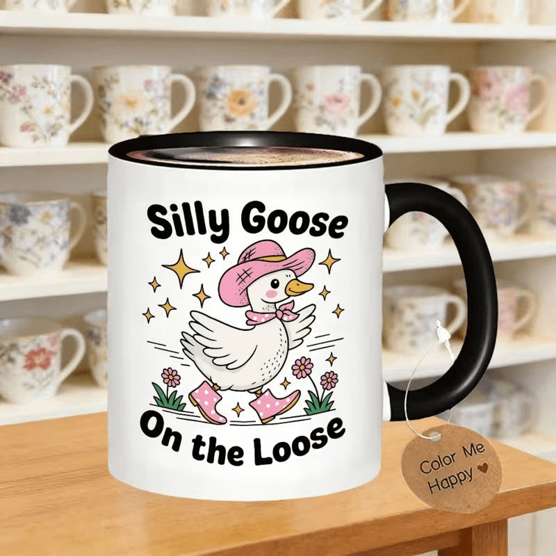 Tailorly Black Accent 11 oz Mug - a silly goose wearing a pink cowboy hat and stars