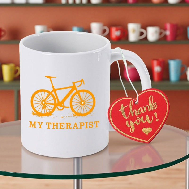 Tailorly White Ceramic 11 oz Mug - My Therapist Thank You Minimalist Orange Silhouette Road Bike On Textured Ground Bicycle