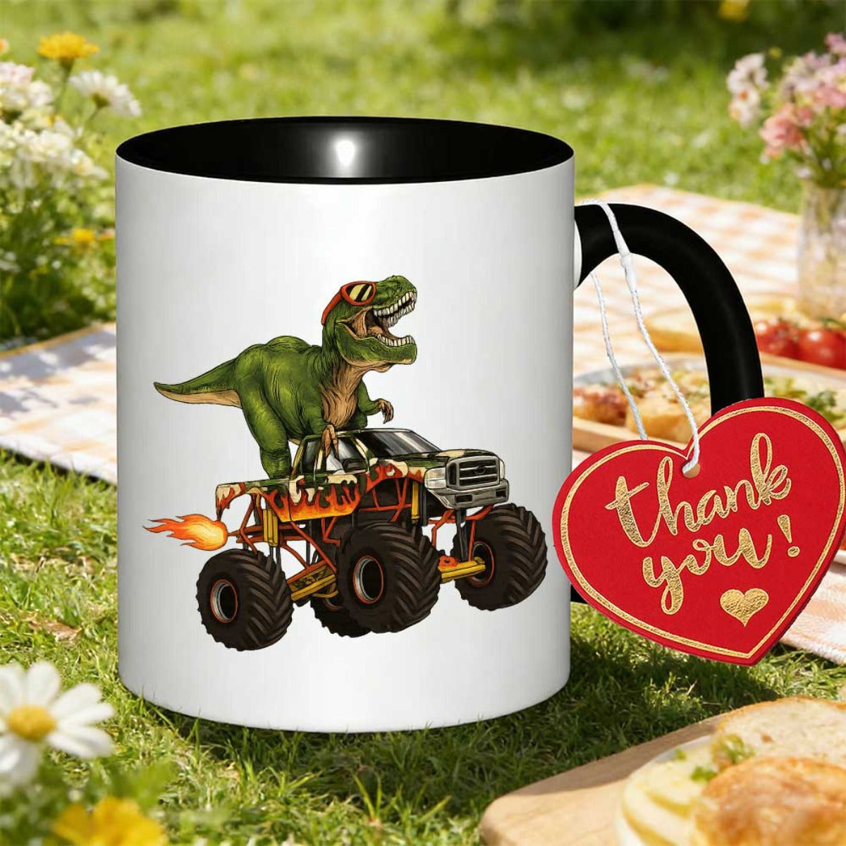 Tailorly Black Accent 11 oz Mug - dinosaur driving vibrant dino monster truck