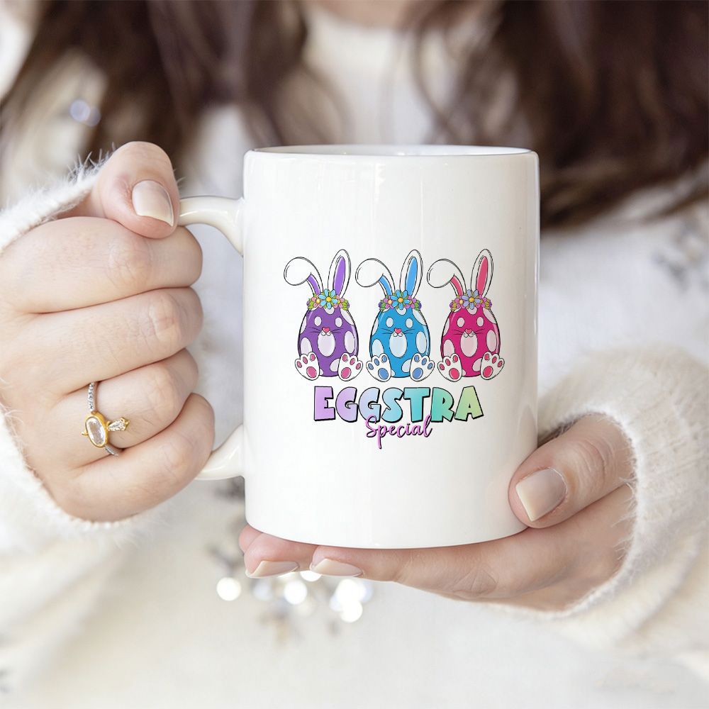 Tailorly White Ceramic 11 oz Mug - Eggstra Special Three Decorative Patterned Easter Eggs With Cute Long Bunny Ears Rabbit