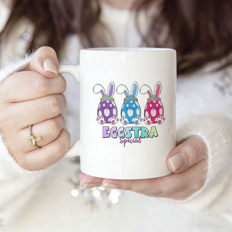 Tailorly White Ceramic 11 oz Mug - Eggstra Special Three Decorative Patterned Easter Eggs With Cute Long Bunny Ears Rabbit