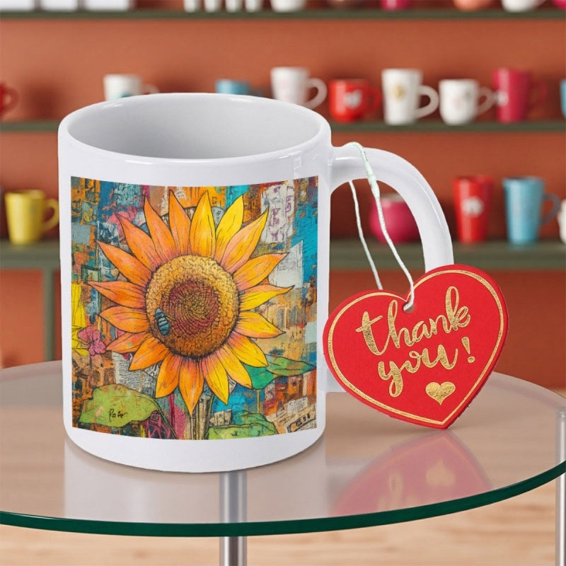 Tailorly White Ceramic 11 oz Mug - Thank You Artistic Mosaic Background With Large Blooming Yellow Petals Vibrant Sunflower