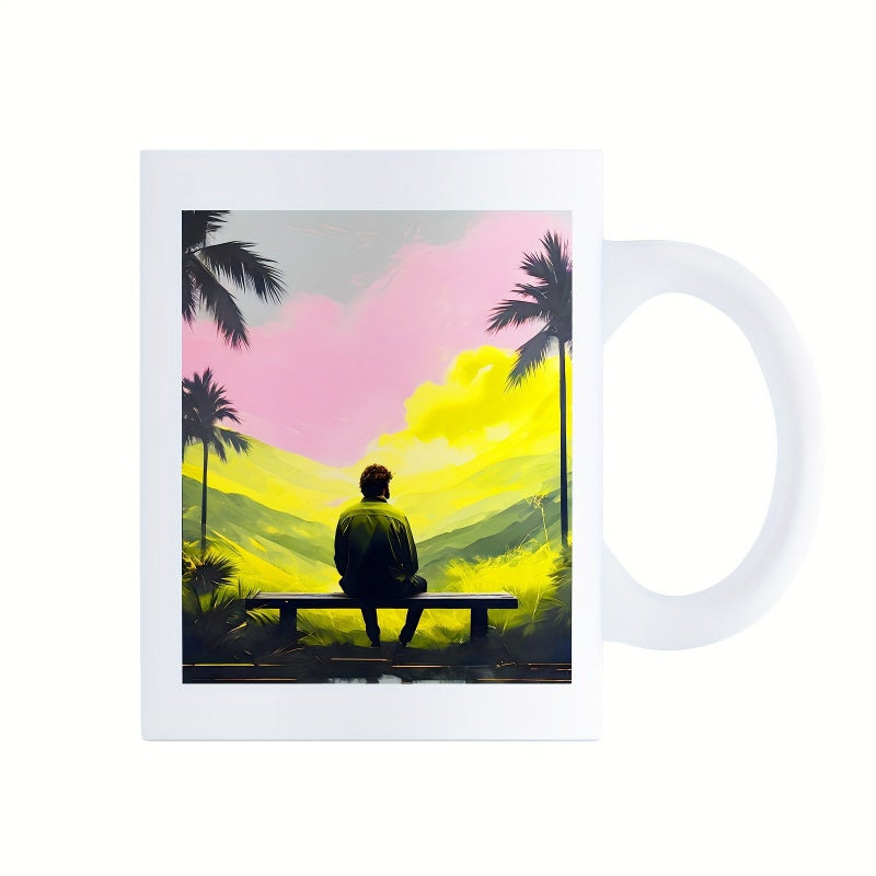 Tailorly White Ceramic 11 oz Mug - Peaceful Man Sitting On Wooden Bench Facing Vibrant Tropical Sunset Landscape