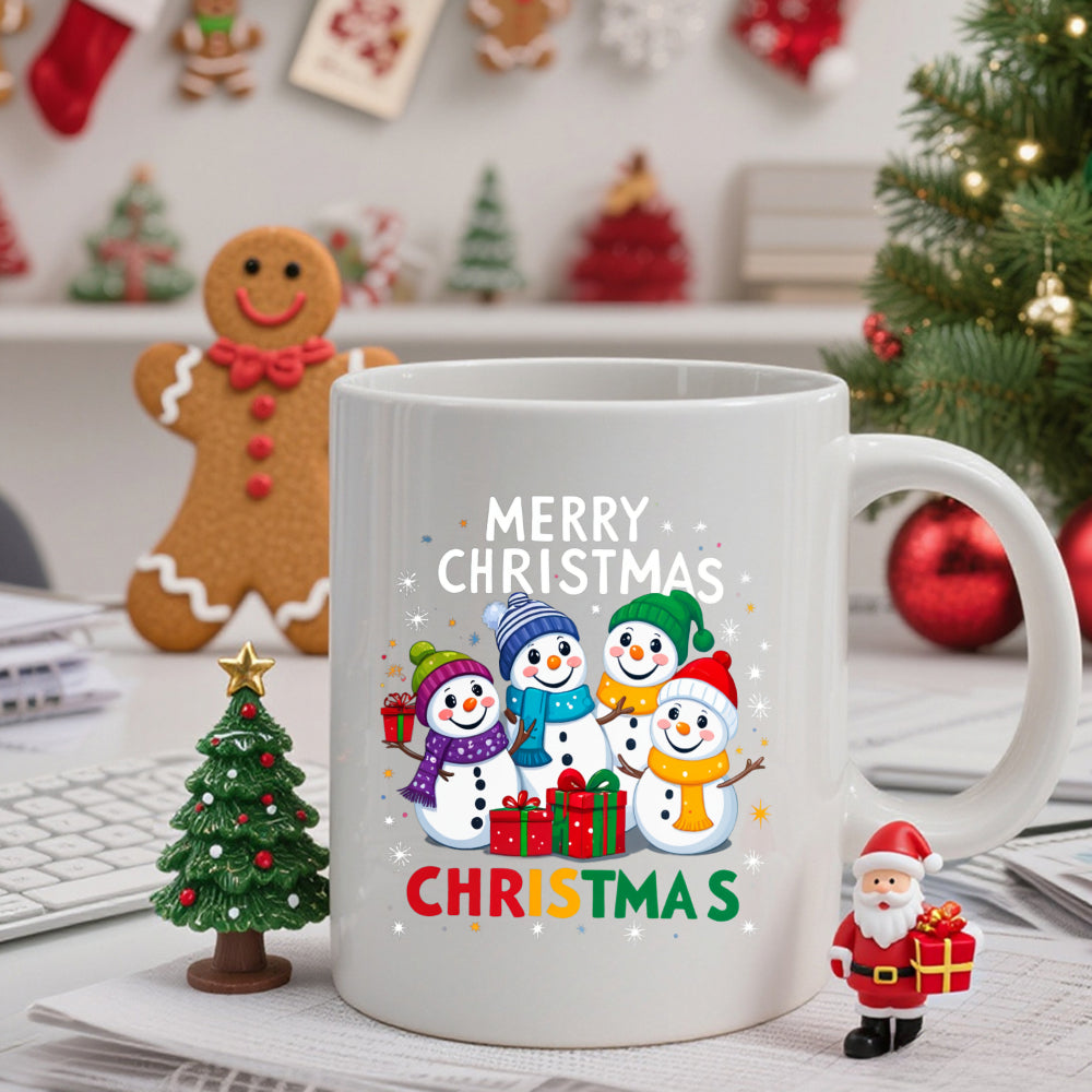 Tailorly White Ceramic 11 oz Mug - Merry Christmas Four Smiling Festive Characters Wearing Colorful Winter Scarves Beside Gifts Snowmen