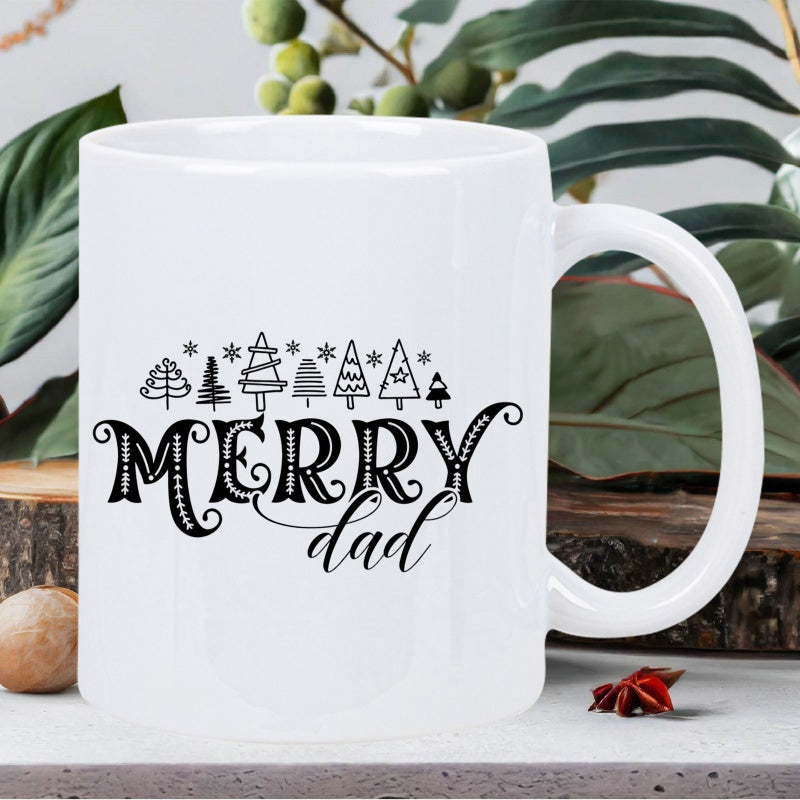 Tailorly White Ceramic 11 oz Mug - Merry Dad Stylized Festive Evergreen Pine Trees Under Small Delicate Falling Snowflakes Mug