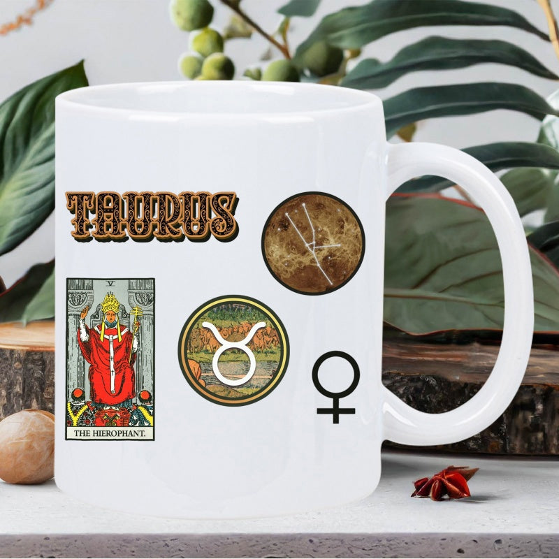 Tailorly White Ceramic 11 oz Mug - Taurus The Hierophant Vintage Mystical Tarot Card Design With Celestial Constellation And Symbolic Taurus