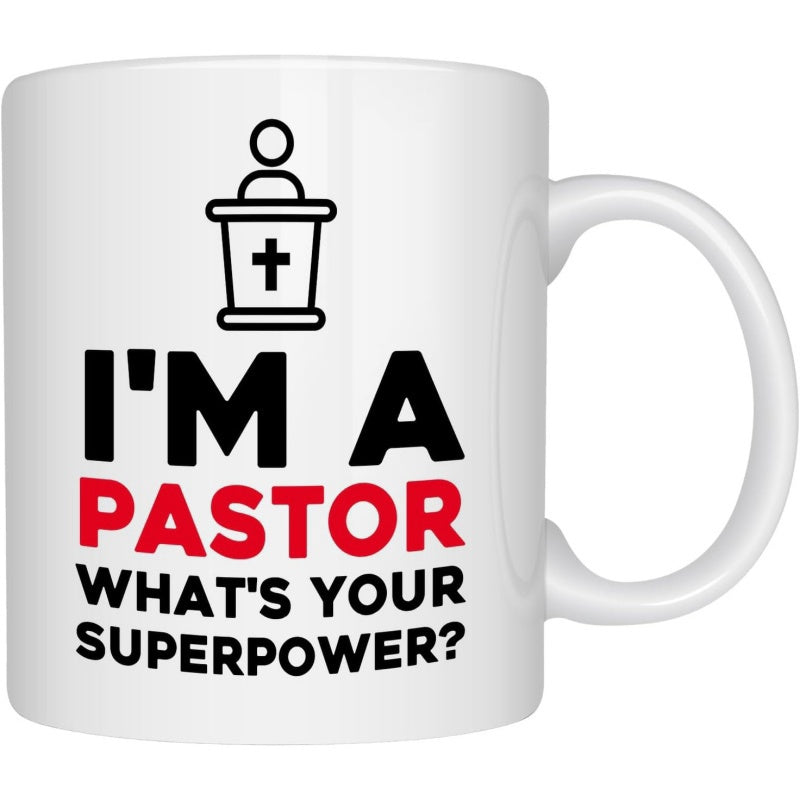 Tailorly White Ceramic 11 oz Mug - Im A Pastor Whats Your Superpower Minimalist Black Line Icon Featuring A Cross Atop A Wooden Podium Mug