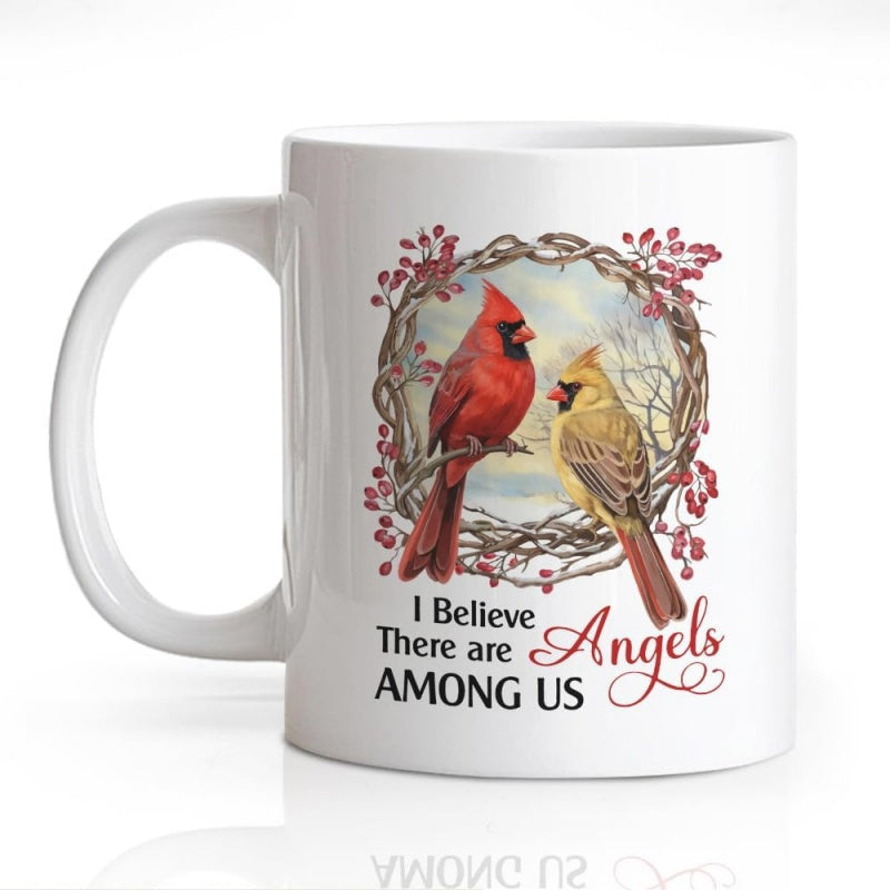 Tailorly White Ceramic 11 oz Mug - I Believe There Are Angels Among Us Two Red And Yellow Cardinals Perched On A Berry Wreath Cardinal