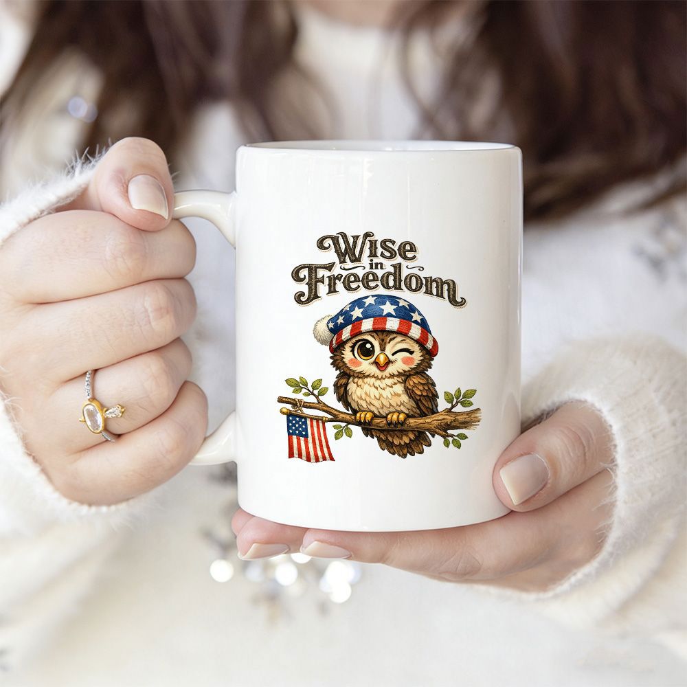 Tailorly White Ceramic 11 oz Mug - Wise Freedom Patriotic Brown Owl Wearing American Flag Hat Perched On Branch Owl