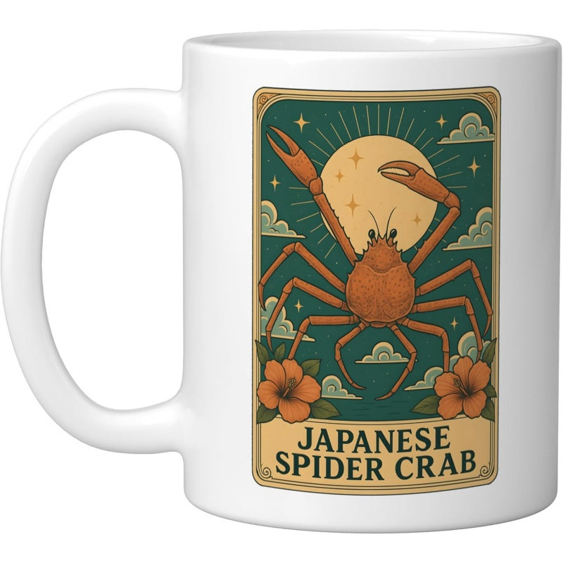 Tailorly White Ceramic 11 oz Mug - Japanese Spider Crab Vintage Poster Design With Large Golden Moon And Hibiscus Flowers Crab